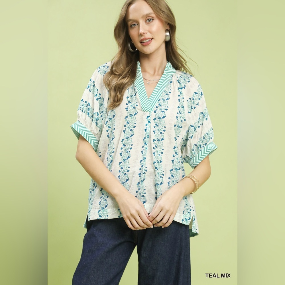 Umgee Mix Print Boho Blouse with Contrast Trim🆕
